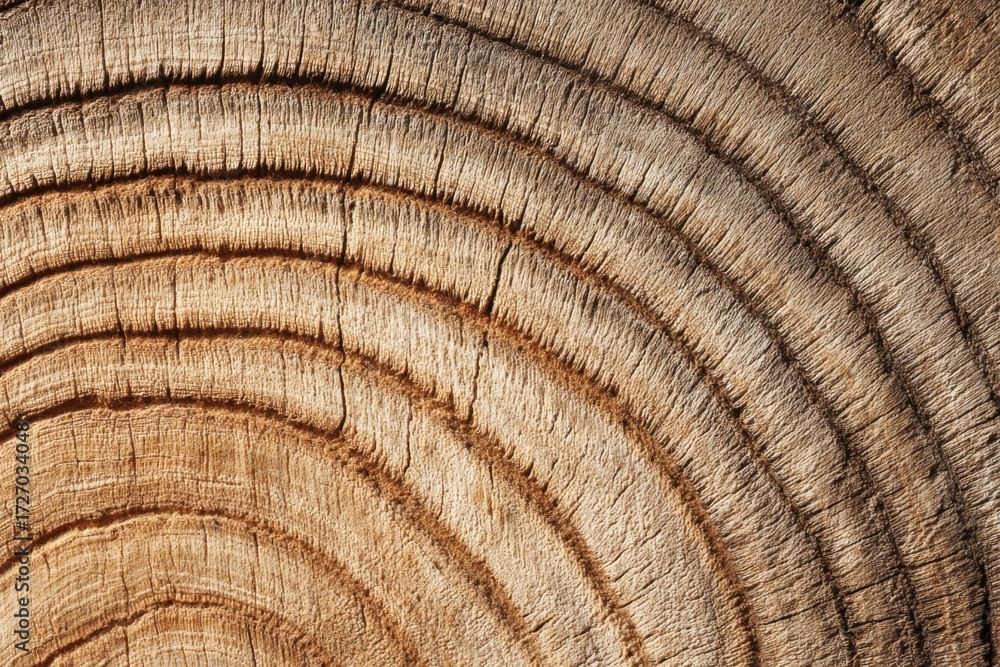 Naklejka premium Annual Rings of Tree Trunk Slice. Old wooden oak tree cut surface. Detailed brown tones of a felled tree stump. Rough organic texture of tree rings with close up of end grain. Wooden cross section