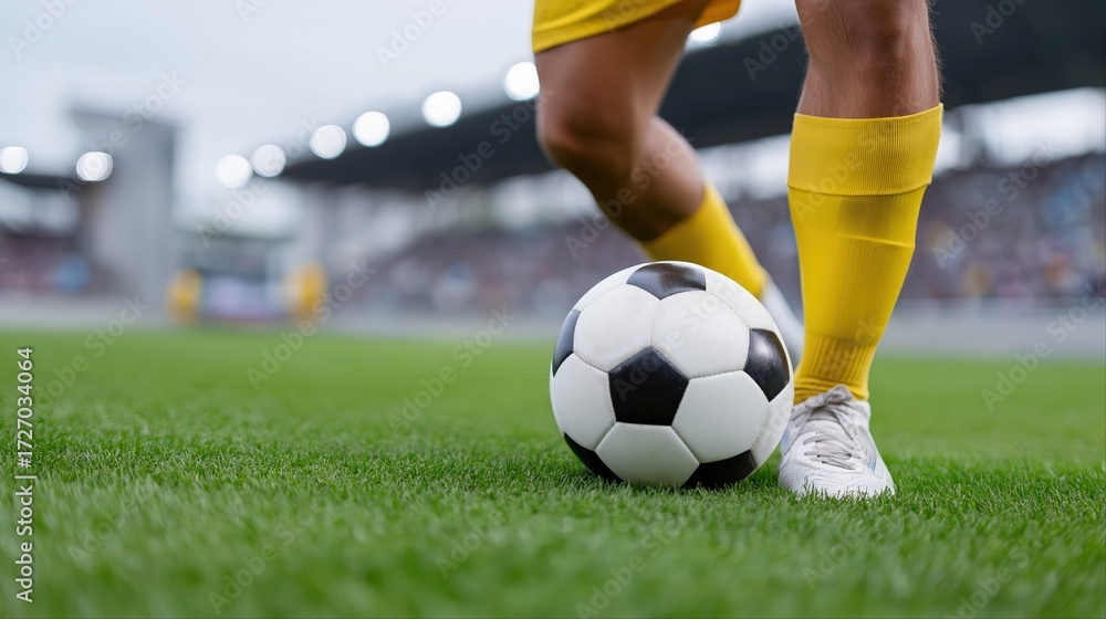 Fototapeta premium Young male soccer player in yellow uniform on field during game
