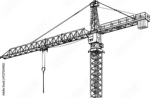 Black and white line drawing of a tower crane, detailed construction sketch. Vector illustration
