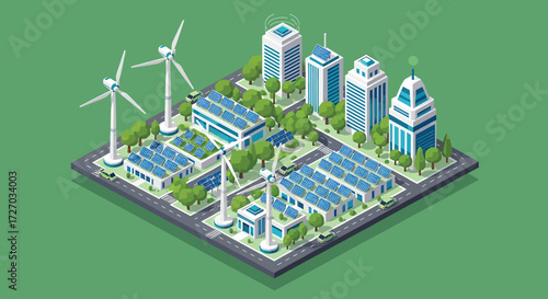Isometric city showcases renewable energy sources like wind turbines and solar panels in a modern urban landscape, promoting sustainability and environmental awareness.