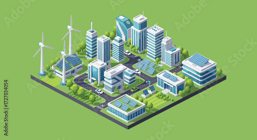 Isometric city showcasing sustainable energy sources like wind turbines and solar panels in an urban environment, promoting ecofriendly living and a greener future.