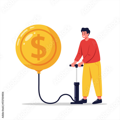 Optimistic individual diligently inflating a golden dollar coin balloon, representing strategic business growth and financial advancement