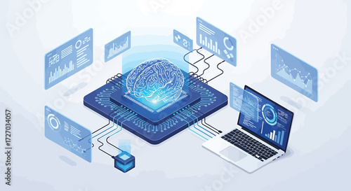 Artificial intelligence processes data on futuristic platform with connected devices, showcasing technological advancement and innovation.