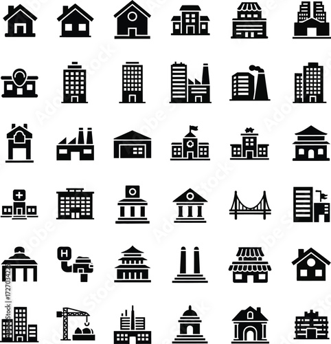 Collection of black and white building icons representing various structures