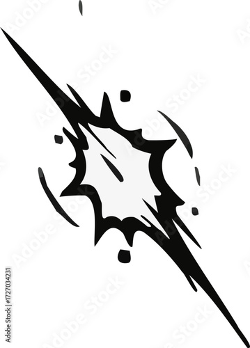 Monochromatic vector illustration depicting a dynamic burst or explosion graphic element, suitable for comic book aesthetics, symbolizing sudden impact, energy, or a powerful action effect