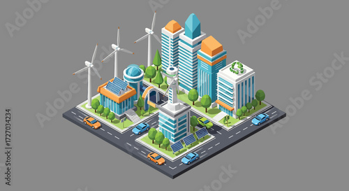 Isometric city showcasing sustainable energy sources and modern architecture with wind turbines and solar panels in a clean, ecofriendly environment.
