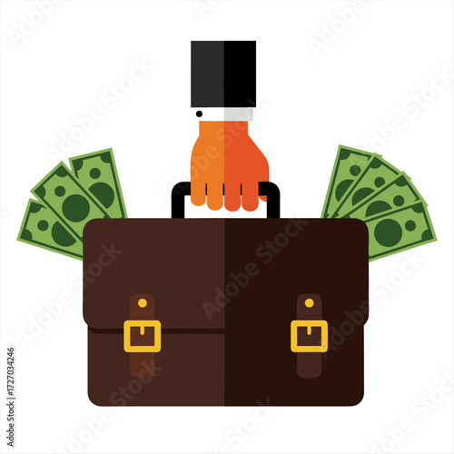 Vector illustration depicting successful business investments and financial prosperity with a briefcase full of money