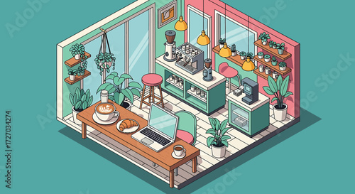 Cozy isometric coffee shop interior featuring plants and a laptop on a table creates a welcoming and productive atmosphere for customers.