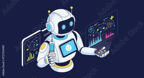 Robot analyzes data on multiple screens in a futuristic office, showcasing advanced technology and artificial intelligence with a clean, modern aesthetic.