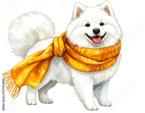 Cozy Canine Companion: A fluffy, smiling dog, wearing a vibrant scarf. This charming illustration captures the essence of comfort and warmth, creating a whimsical scene