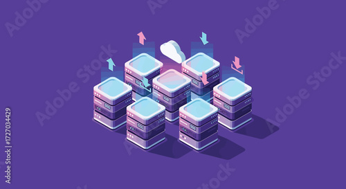 Isometric servers transferring data in a futuristic data center, showcasing the flow of information and connectivity with a modern, technological aesthetic.