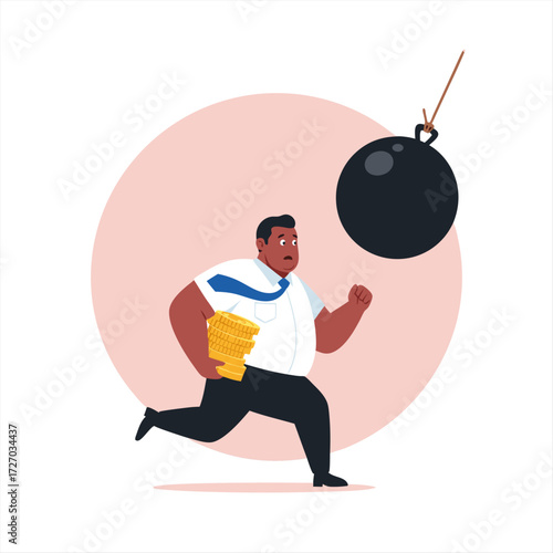 Business Risk Anxious Businessman Running from a Wrecking Ball Symbolizing Financial Troubles