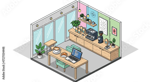 Isometric coffee shop interior showcasing workspace with laptop and coffee, creating a cozy and productive atmosphere for remote work and relaxation.