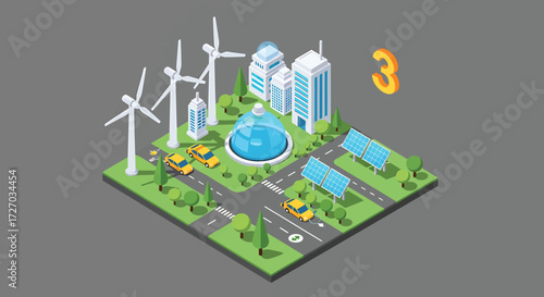 Isometric city showcasing renewable energy sources powers sustainable urban environment with wind turbines and solar panels promoting ecofriendly living.