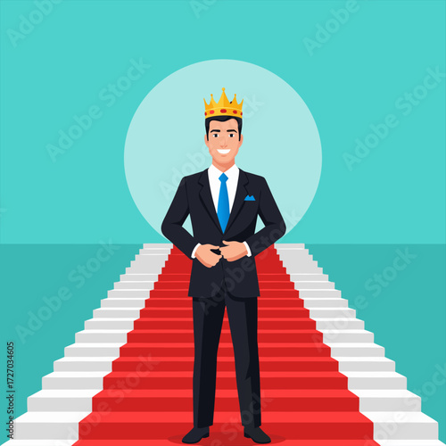 A triumphant businessman king in a suit and crown stands on a red carpet of career business success