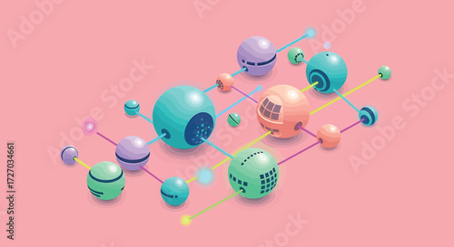 Colorful spheres connected by lines represent a network on a pink surface, symbolizing communication and interconnectedness in a modern, abstract style.