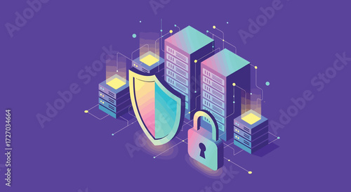 Glowing shield protects data servers in a futuristic network environment, symbolizing cybersecurity and data protection with a hopeful and secure atmosphere.