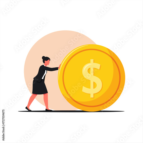 Businesswoman pushing a giant gold coin representing financial growth and success concept