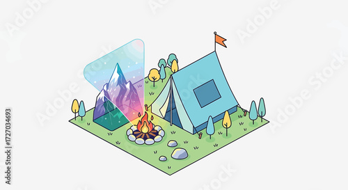 Isometric camping scene featuring a tent and campfire nestled in a serene mountain landscape, evoking a sense of adventure and tranquility.