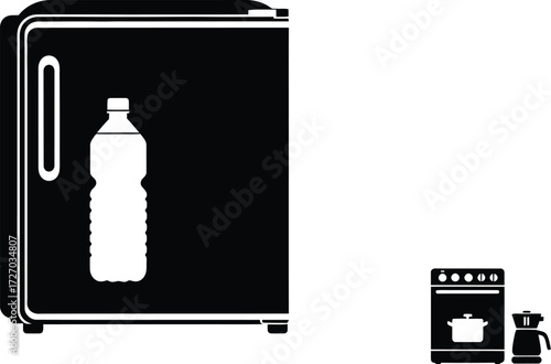 Black refrigerator with a water bottle, stove and coffee maker