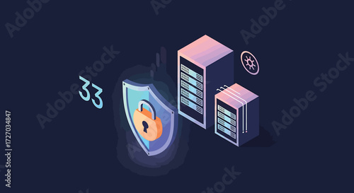 Isometric servers protected by glowing shield with padlock in dark cyberspace representing data security and privacy with modern technology.