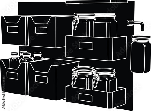 Black and White Pantry Organization with Jars and Bins, Minimalist Style