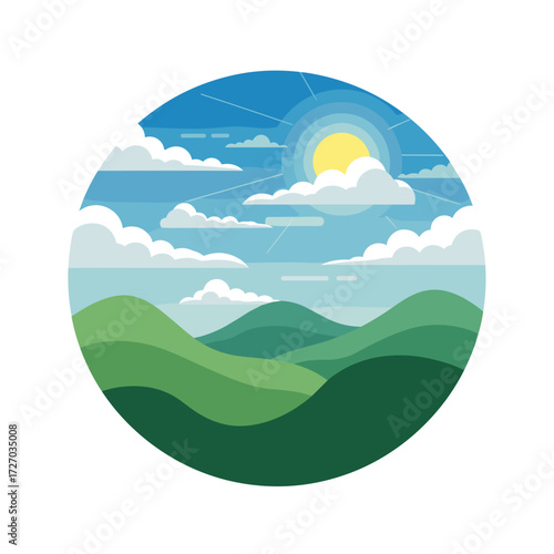 circular landscape, sunny landscape, hills and sun, clouds and hills, round nature scene, countryside landscape, bright sunny hills, peaceful landscape, green hills and sun, sky with clouds, nature ci