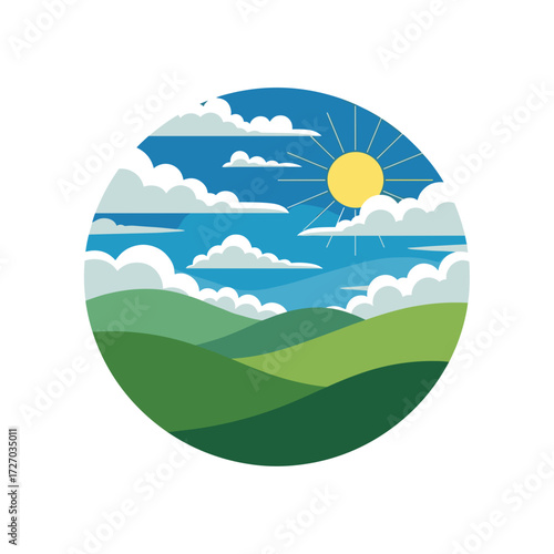 circular landscape, sunny landscape, hills and sun, clouds and hills, round nature scene, countryside landscape, bright sunny hills, peaceful landscape, green hills and sun, sky with clouds, nature ci