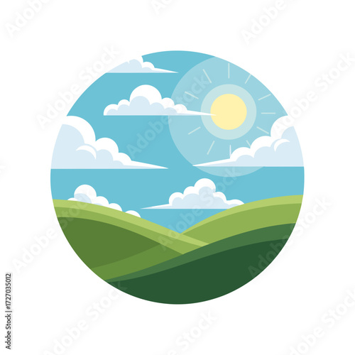 circular landscape, sunny landscape, hills and sun, clouds and hills, round nature scene, countryside landscape, bright sunny hills, peaceful landscape, green hills and sun, sky with clouds, nature ci