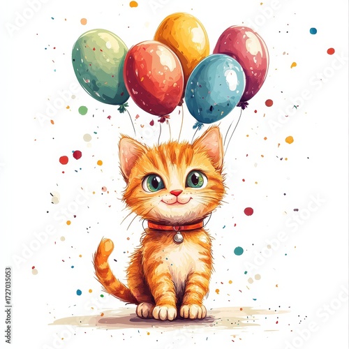 Funny cartoon party cat with balloons isolated over white background. Colorful joyful greeting card for birthday or other festive events. Created with, Generative AI