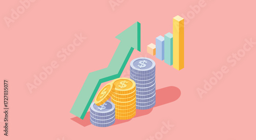 Isometric money growth shows financial success with rising arrow and stacked coins on pastel pink surface, conveying positive investment and economic prosperity.