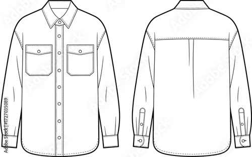 Long sleeve button up shirt fashion illustration, technical flat sketch, chest pocket design, apparel template front back, cad drawing flat vector