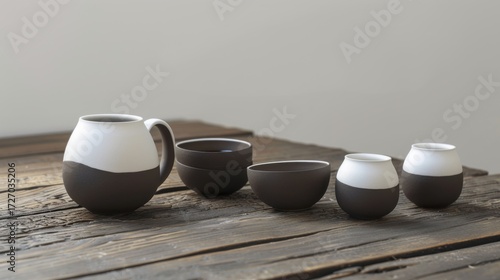 Morning Beverage Essentials: Hot Tea Teapots, Black Coffee Mugs, White China Saucers & Empty Clay Jugs