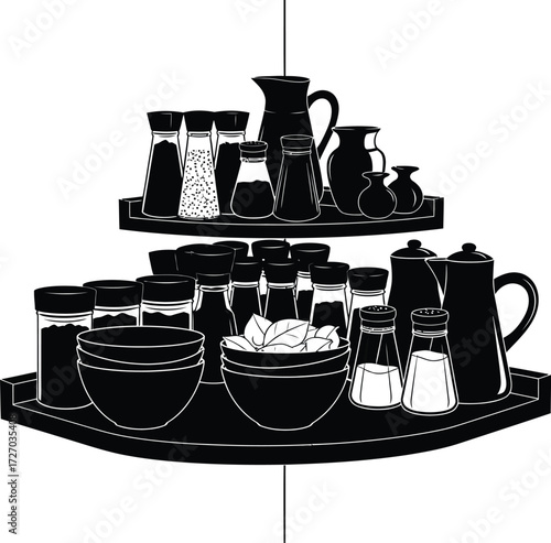 Kitchenware Still Life with Bowls, Jars, and Pitchers on Two Shelves