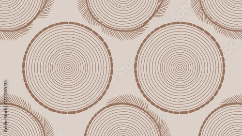 A repeating pattern of circular tree rings with bark and leaf accents on a beige background evenly spaced