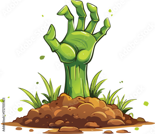 A creepy, green zombie hand emerging from the ground. An isolated vector illustration for Halloween parties, horror themes, and the apocalypse. Generative AI
