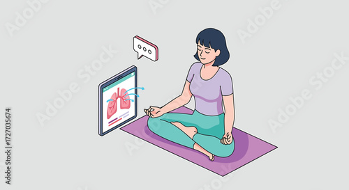 Vector Illustration of Woman Meditating in Lotus Pose on Yoga Mat While Using Tablet to Explore Lung Health