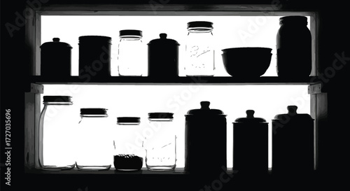 Collection of Jars and Canisters, Black and White, Vintage Kitchenware