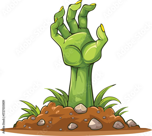 A creepy, green zombie hand emerging from the ground. An isolated vector illustration for Halloween parties, horror themes, and the apocalypse. Generative AI