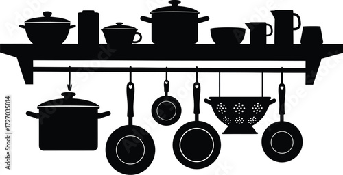 Kitchenware Silhouette on Shelf, Pots, Pans