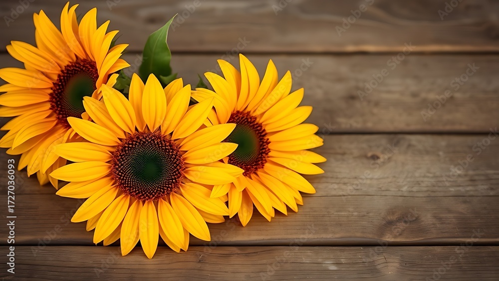 Fototapeta premium Golden-toned sunflower arrangement on rustic wood, radiating warmth and rustic charm.