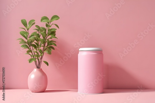 Wallpaper Mural Pink vase with green plant and pink can green leaves Torontodigital.ca