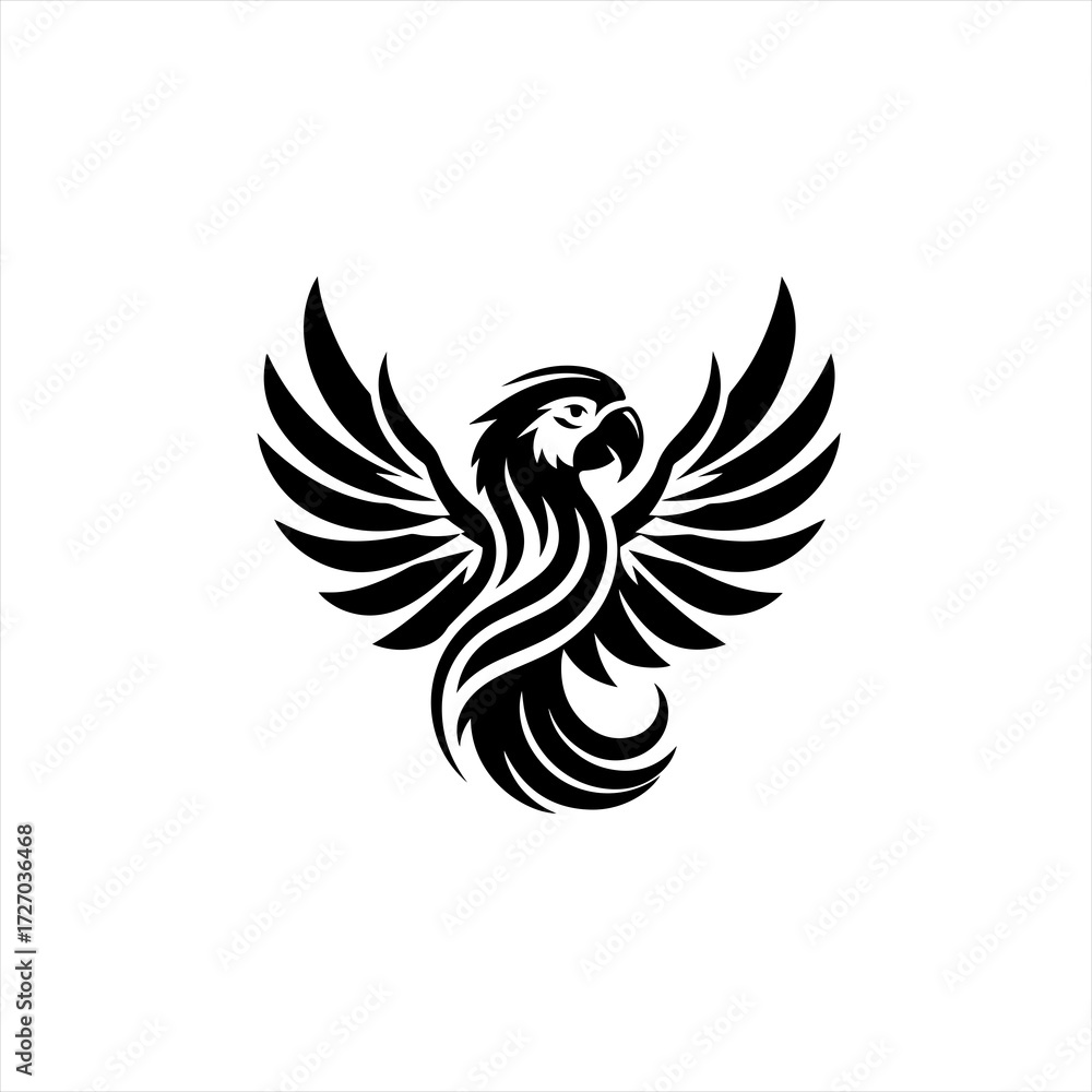 Fototapeta premium Stylized black macaw parrot emblem with wings spread