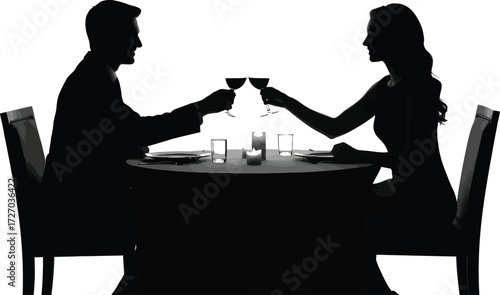 Romantic Silhouette of Couple Toasting Wine Glasses at Dinner Table