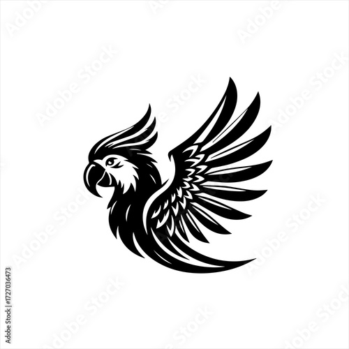 Stylized black silhouette of a cockatoo with wings spread