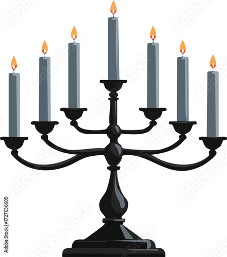 A vintage black candelabra with burning blue candles. An elegant vector illustration for concepts of magic, mystery, and classic decor. Generative AI