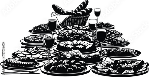 Festive food arrangement with wine and bread, celebration and abundance