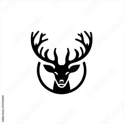 Stylized black silhouette of a deer head with antlers in a circle