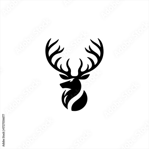 Stylized black deer head silhouette with antlers on white background