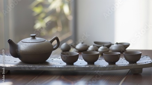 Morning Beverage Essentials: Hot Tea Teapots, Black Coffee Mugs, White China Saucers & Empty Clay Jugs